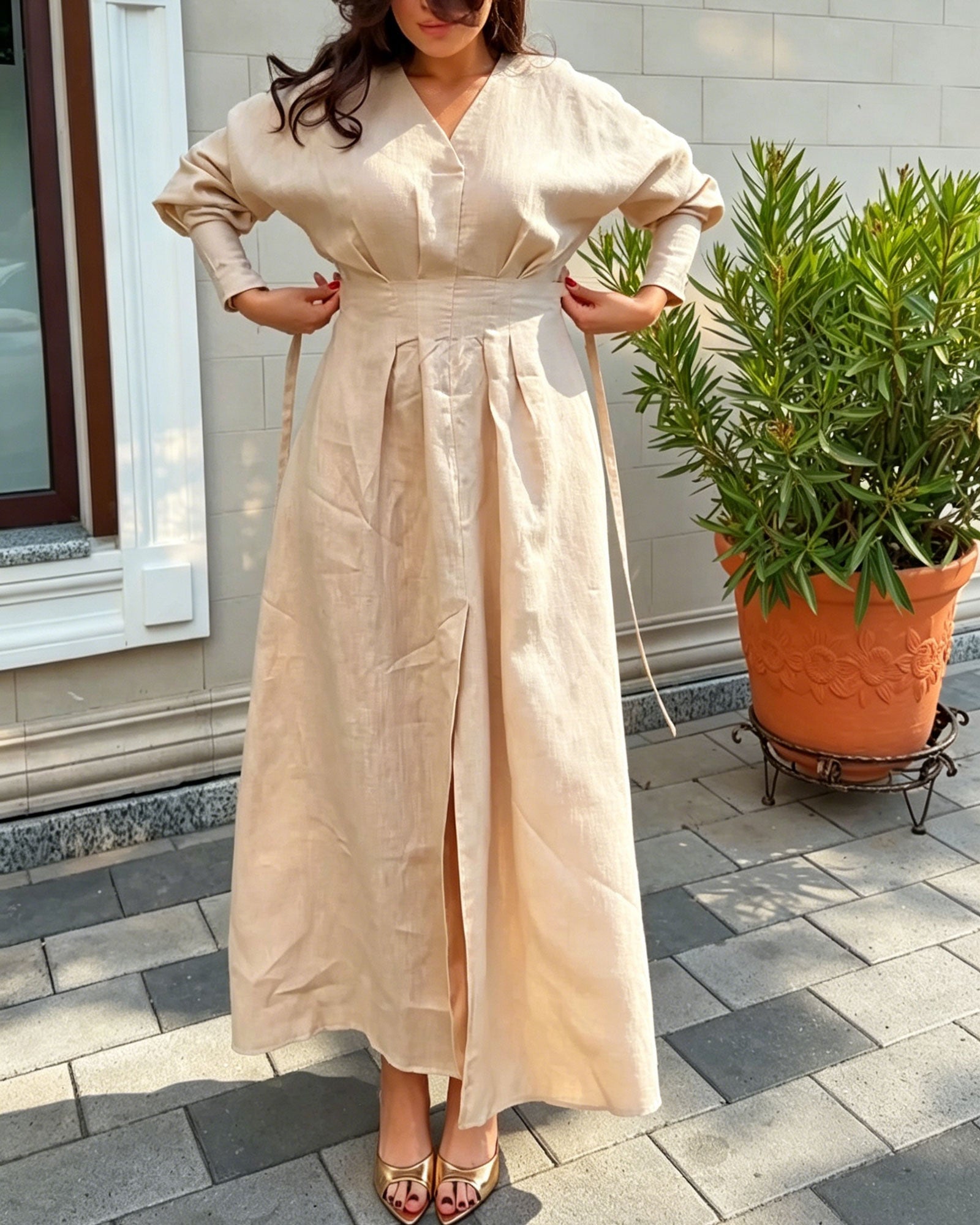 Linen V-Neck Long Sleeved High Waisted Dress With Back Tie And Front Slit