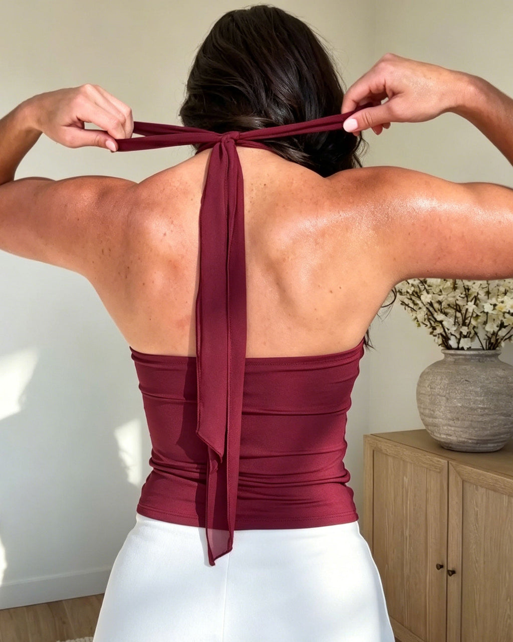 Sheer Deep V-Neck Backless Lace-Up Short Tank Top