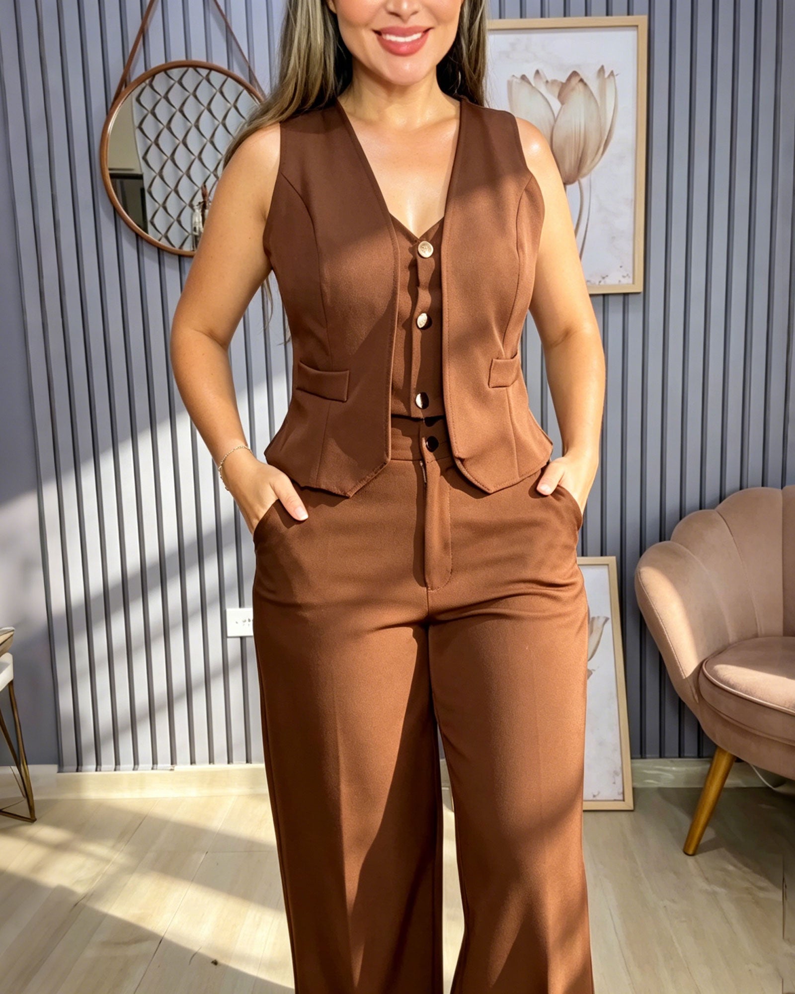 Sleeveless V-Neck Waistcoat & High-Waisted Wide Leg Pants Two-Piece Set