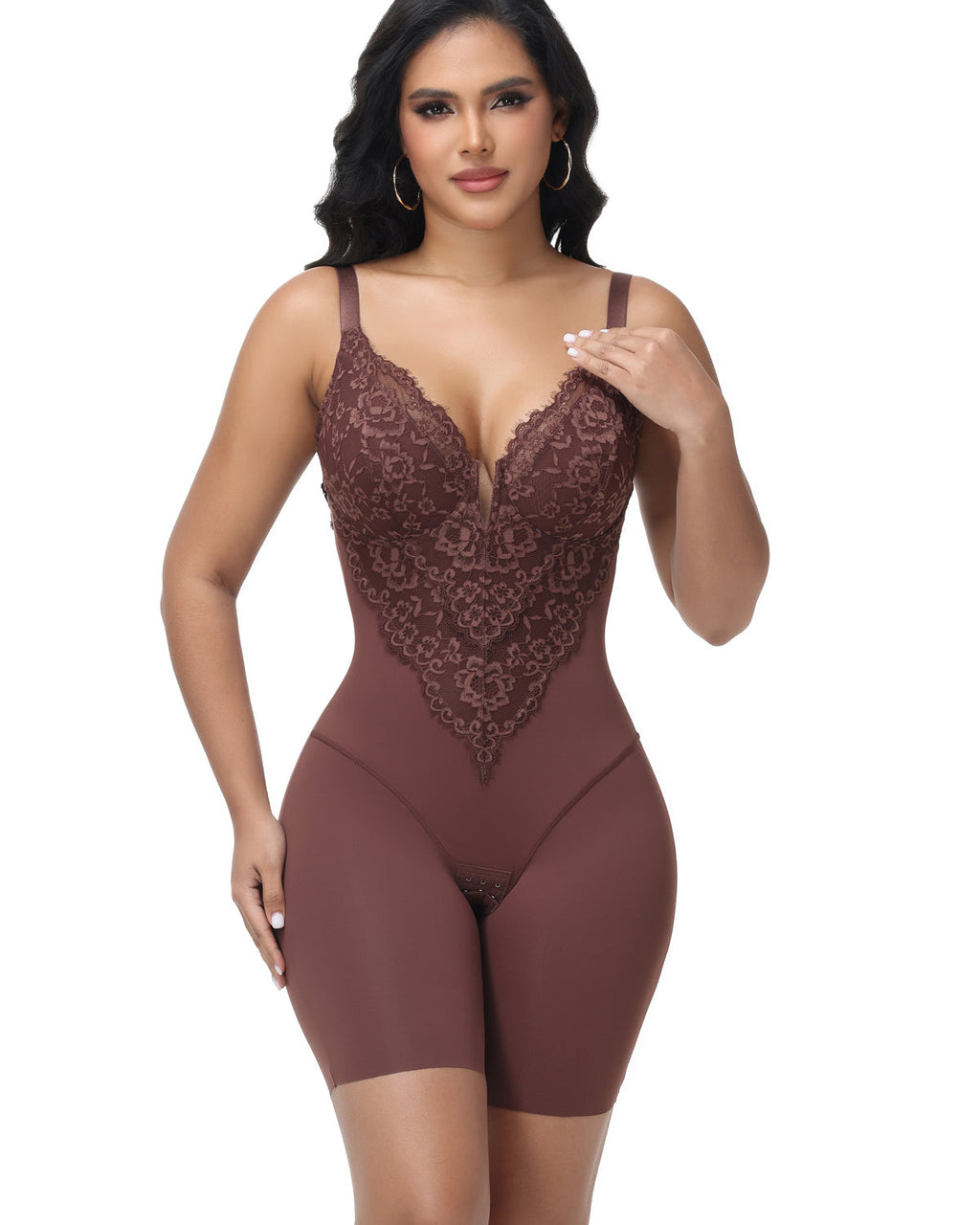 Women's Elegance Lace Bodysuit Deep V Neck Mid-Thigh Shapewear with Hooks