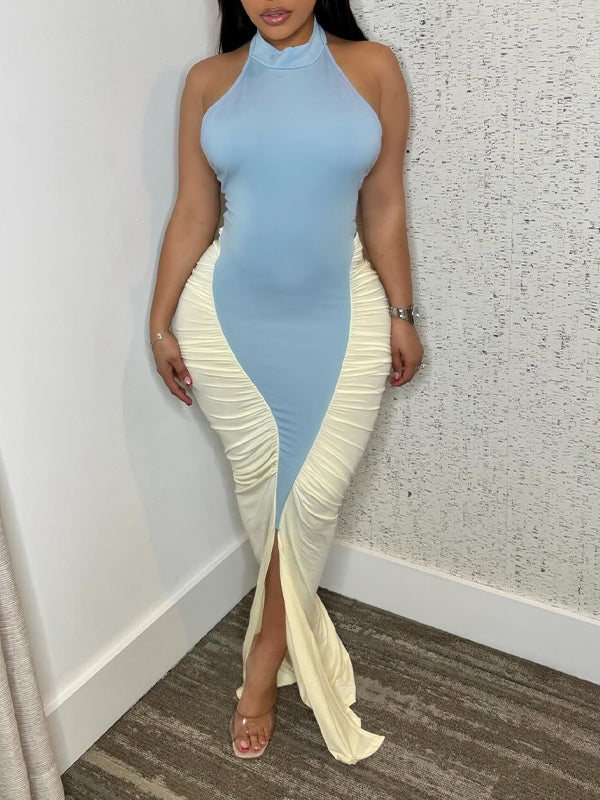 Two-Tone Combo Ruched Dress Blue