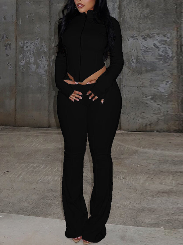 Solid Zip Top & Pants Set Black