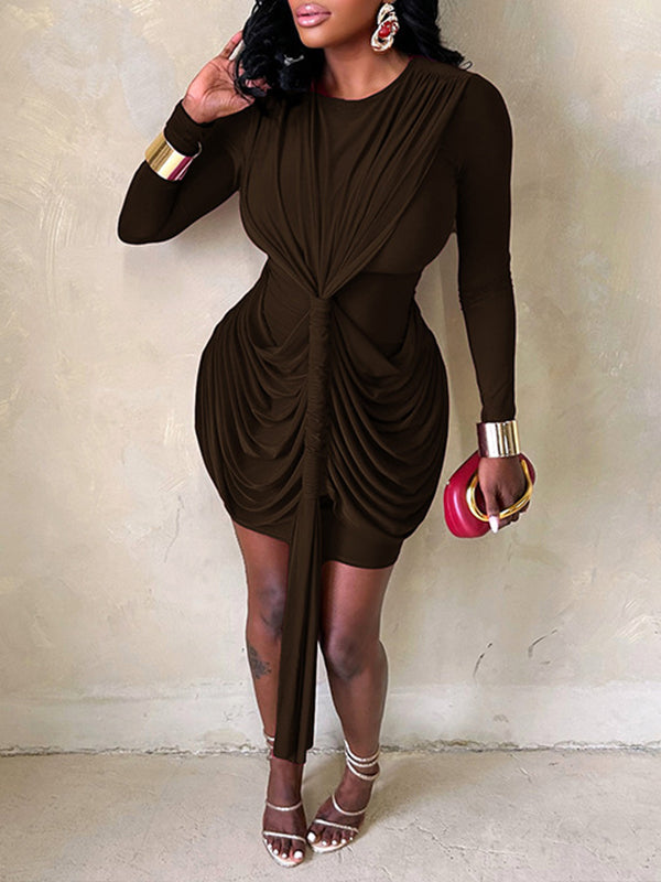 Solid Ruched Draped Dress Brown