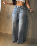 Diamond-Studded Straight-Leg Jeans Lightblue