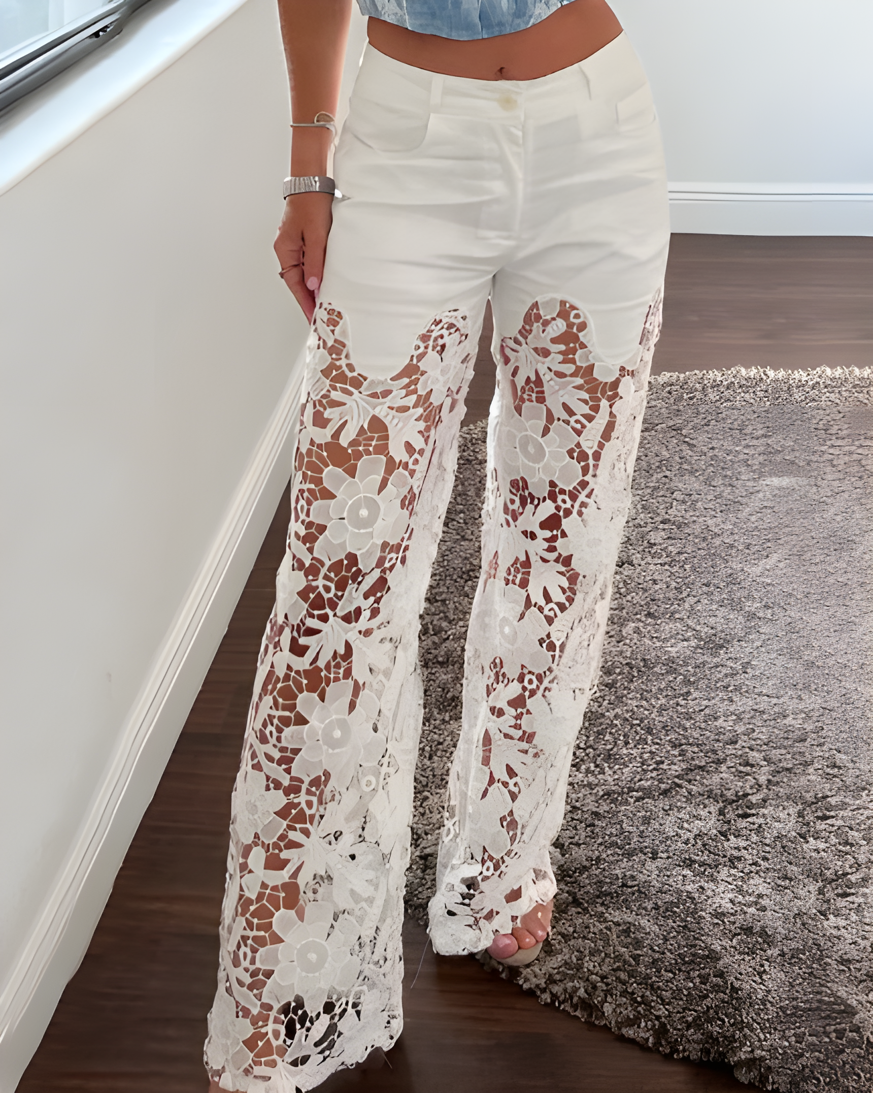 Women's Lace Cutout Wide Leg Jeans White