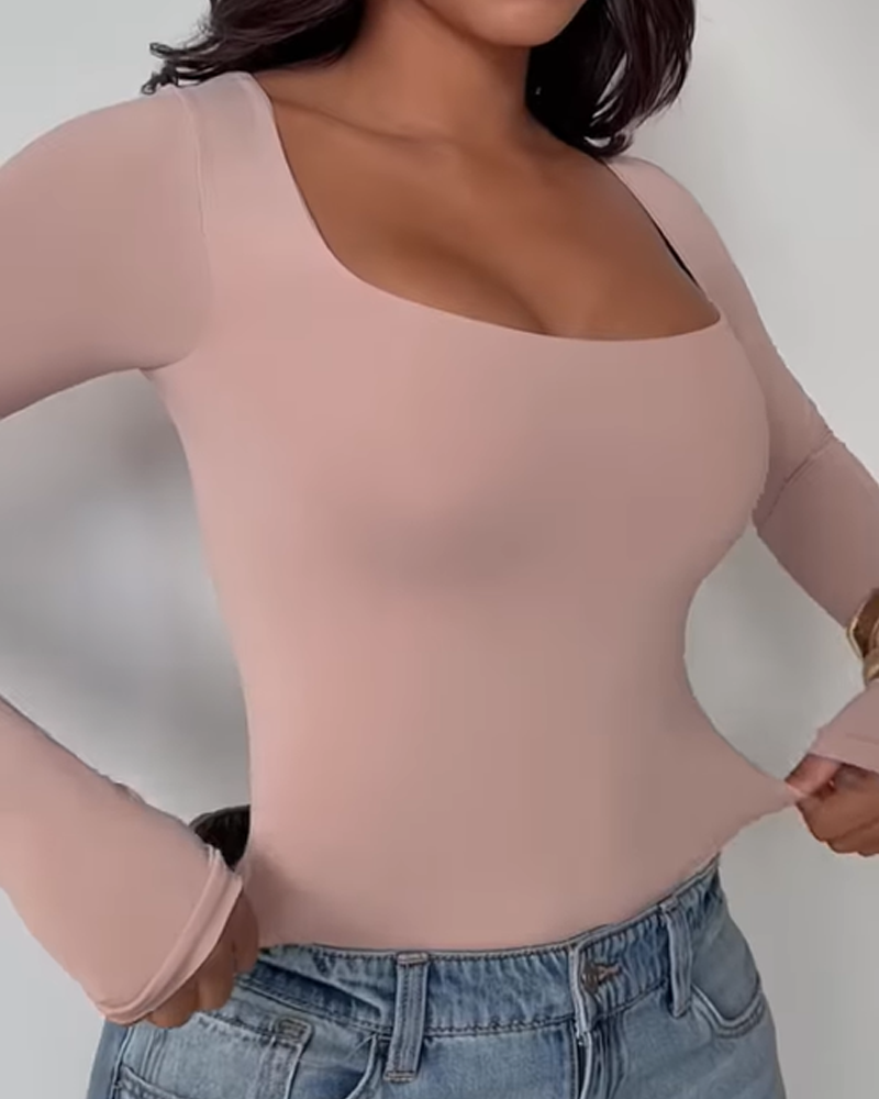 Square Neck Slim Tummy Control Long Sleeve Bodysuit