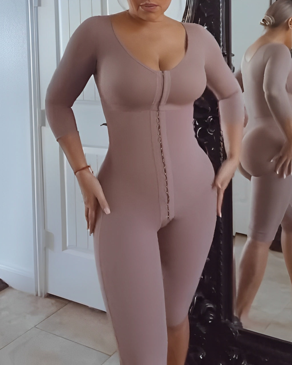 Mid-Length Sleeve Full Body Shaper with Bra RosyBrown