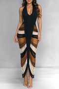 Black Chocolate Ombre Crochet Halter Fringe Maxi Dress