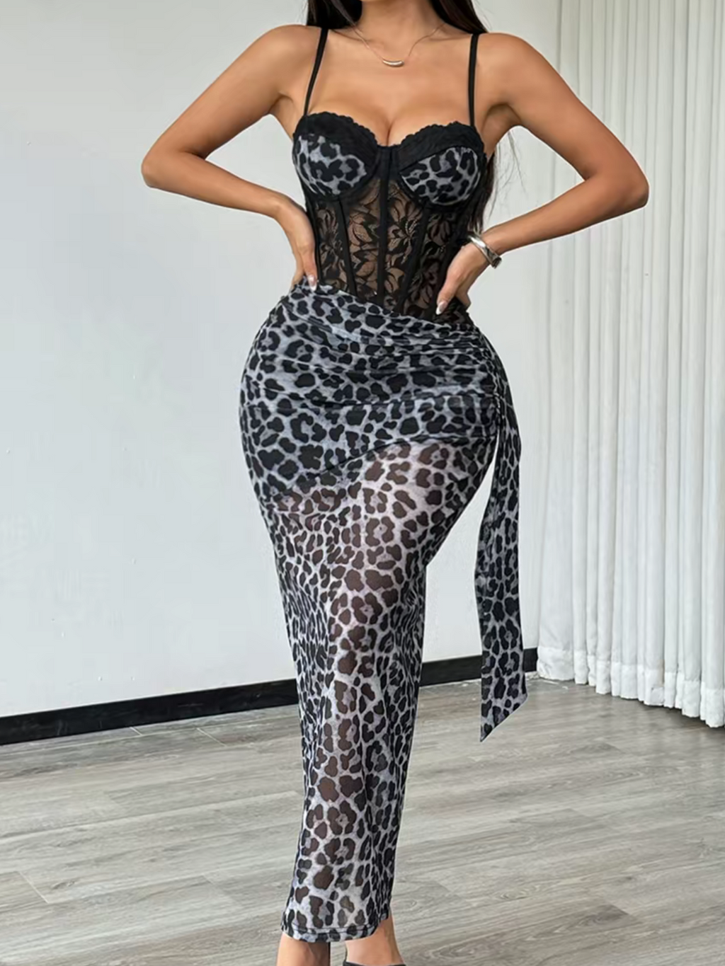 Tummy Control Leopard Print Dress Gray