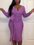 Deep V Textured Long-Sleeve Midi Knit Dress BlueViolet