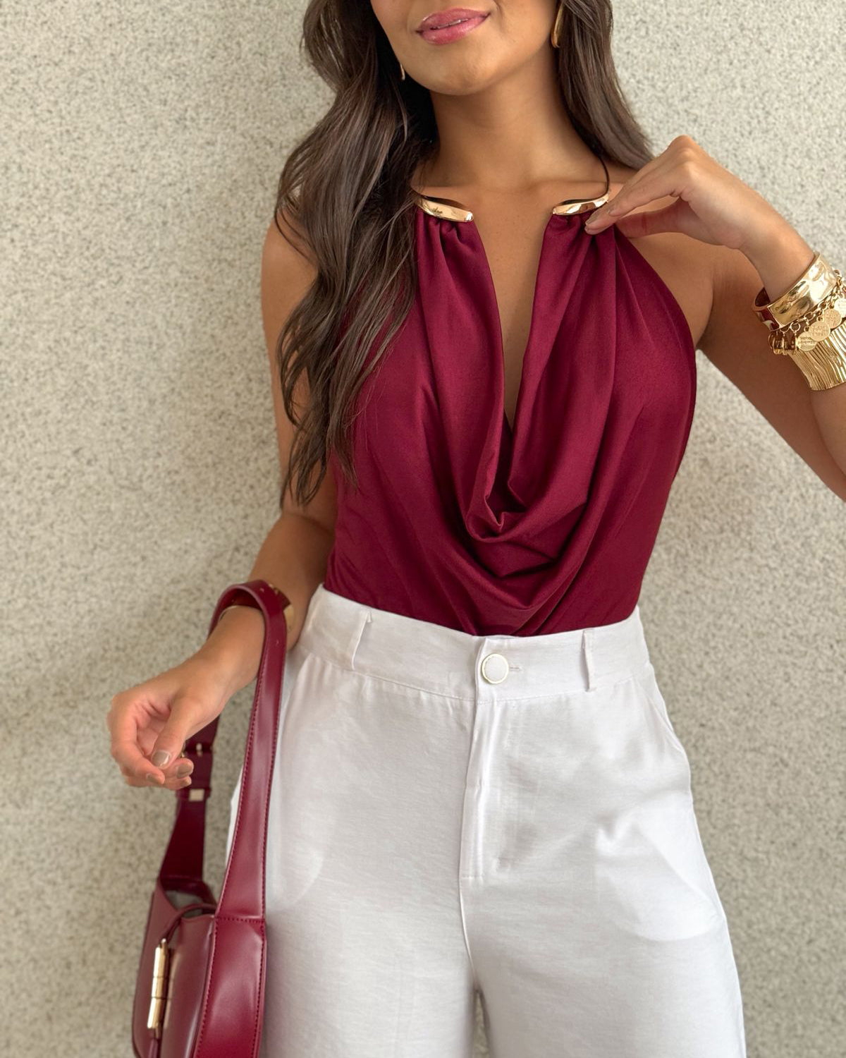 Women's Sexy Cowl Neckline Backless Thong Bodysuit Claret
