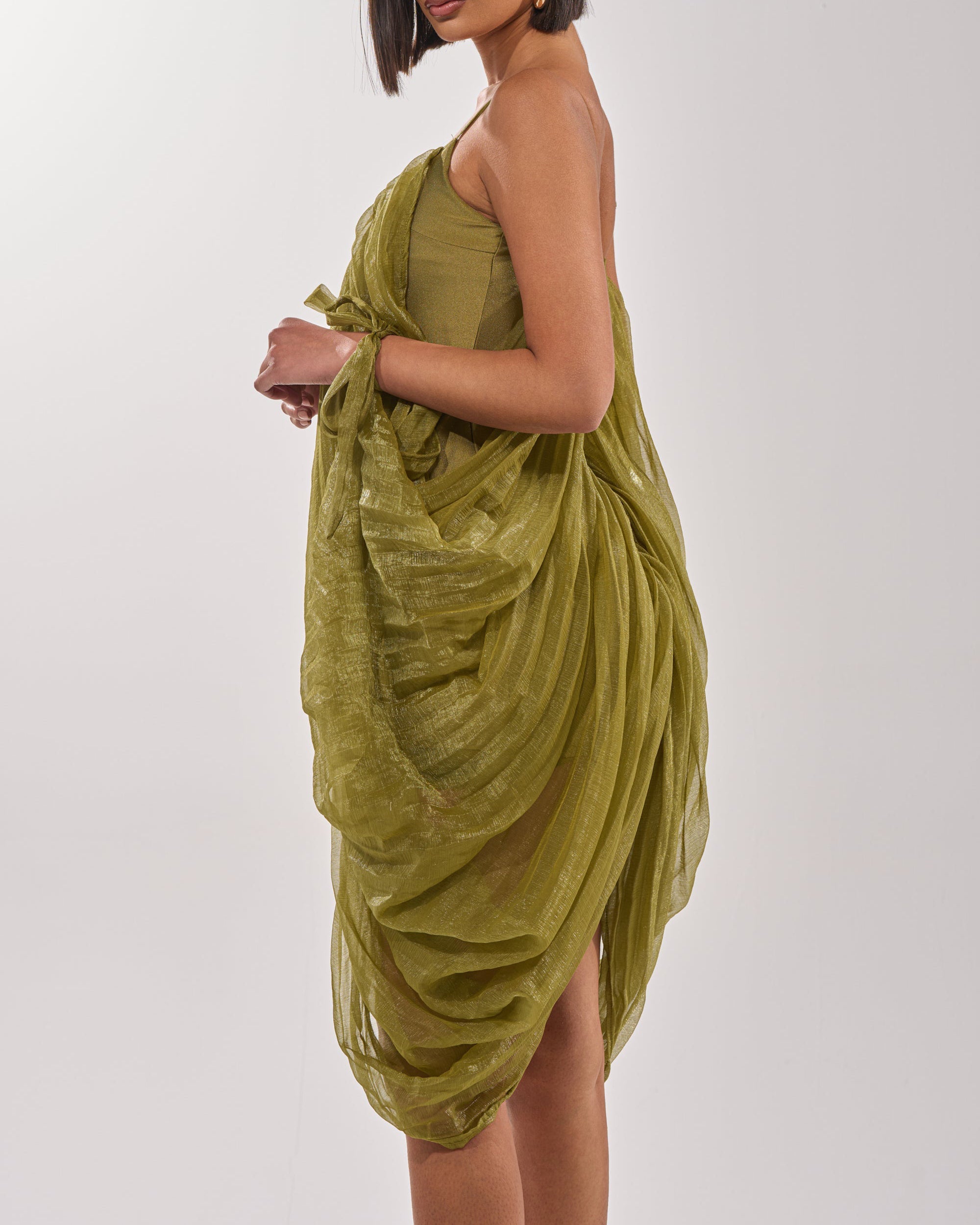 Women's Elegant Draped Mesh Midi Dress Sexy Plunging Neckline Ruched Cami Slip Dress