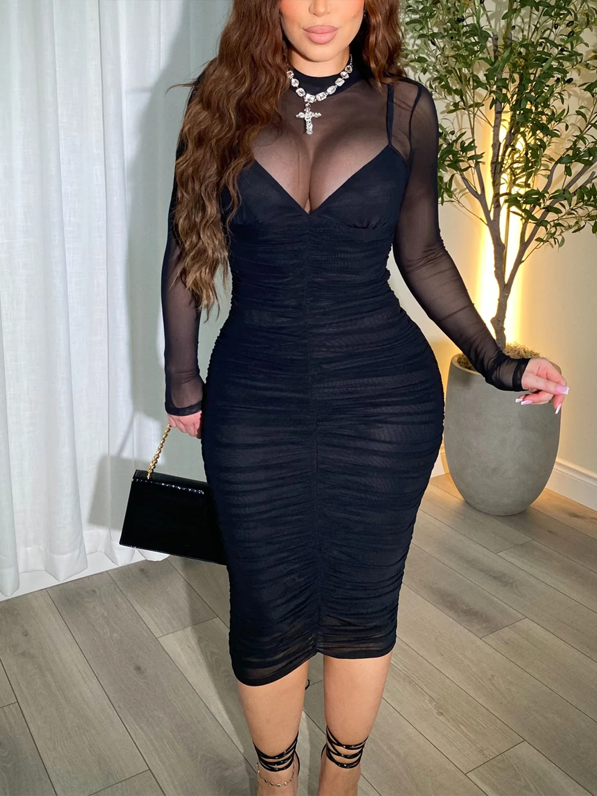Mesh Splicing Breathable Long Sleeved Tight Dress Black