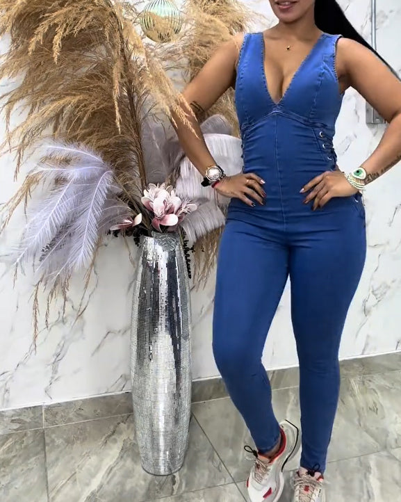 Women's Sexy Deep V-Neck Sleeveless Denim Jumpsuit with Side Lace-Up Details