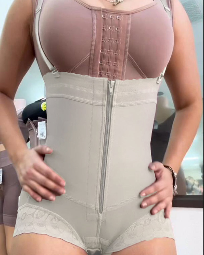 Button-Zip Closure Waist Slimming Thong Shapewear Beige