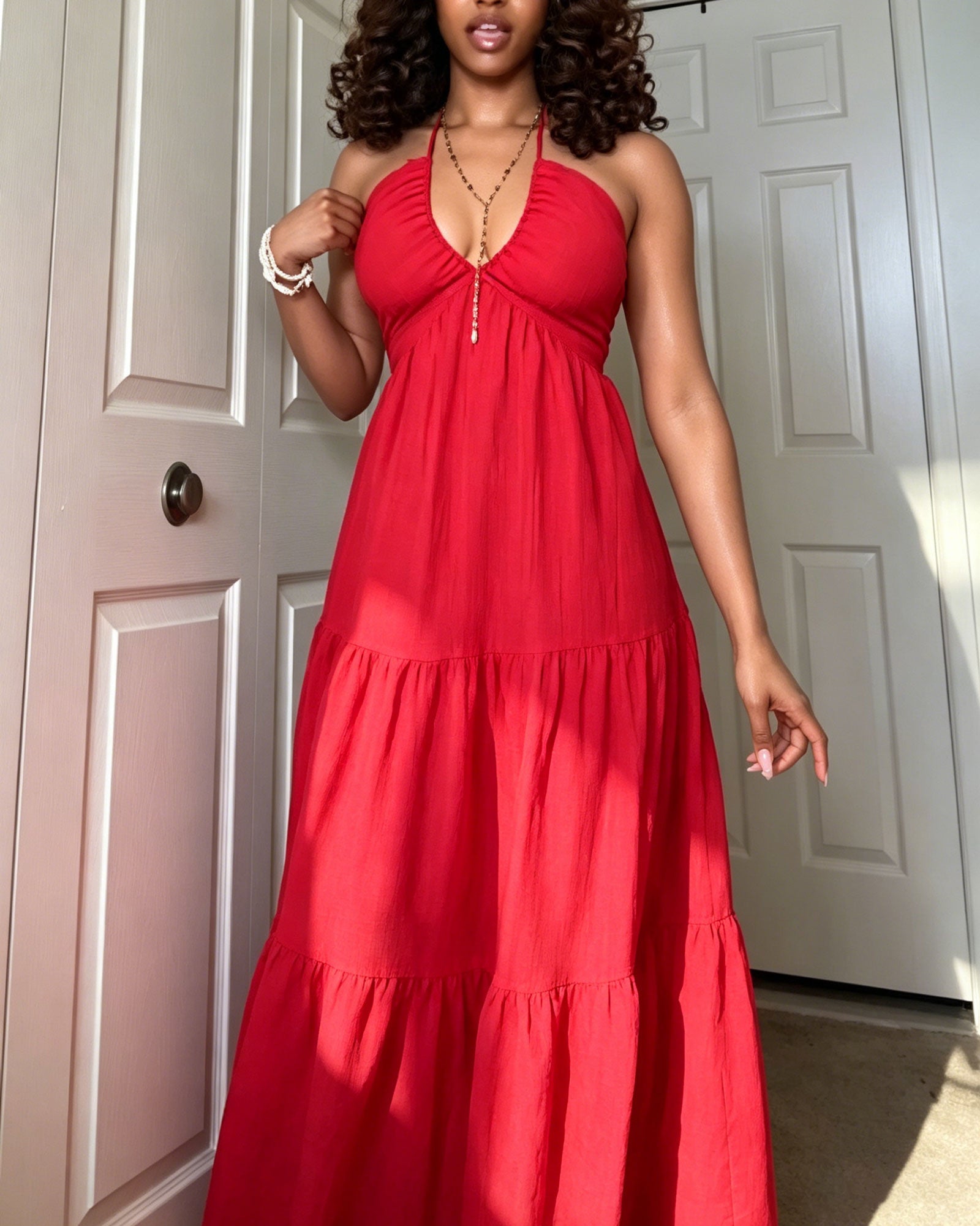 Deep V-neck Backless Halter-Neck Layered Long Dress