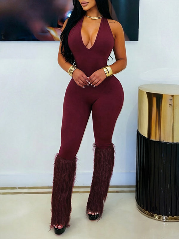 Solid Fringe Halter Jumpsuit