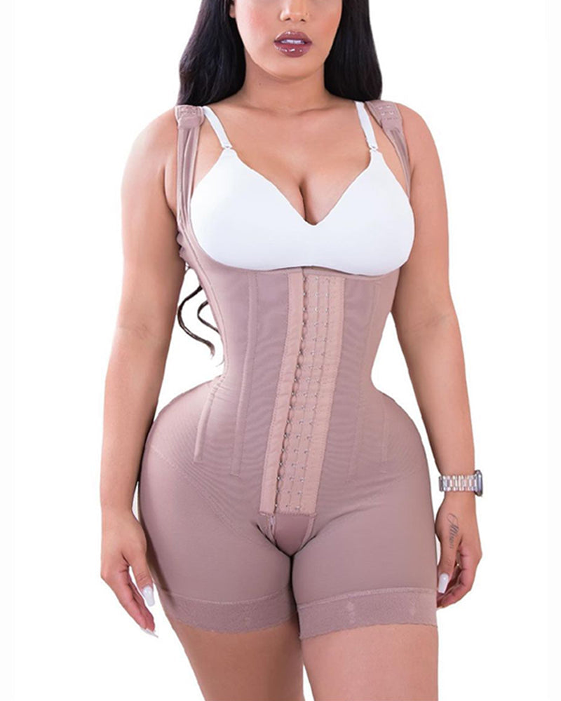 Fashion Tummy Control Double Compression Adjustable Bodysuit RosyBrown