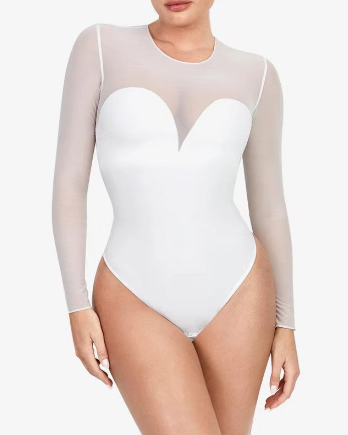 Sheer Mesh Long Sleeve Slimming Thong Bodysuit White
