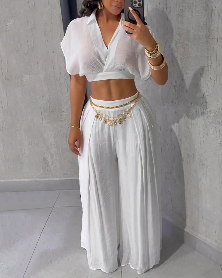 Casual Lapel Cropped Top Wide Leg Pants 2-Piece Set White
