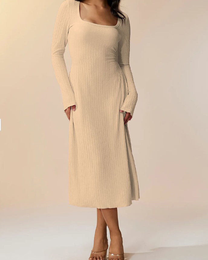 Knitted Ribbed Square Neck Long-Sleeved Tie Dress Tan