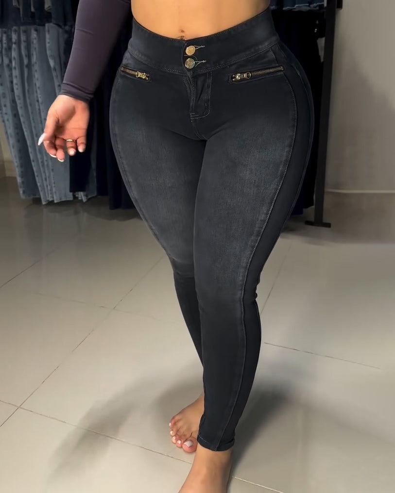 Double-Breasted High-Waisted Butt Lifter Skinny Jeans Gray