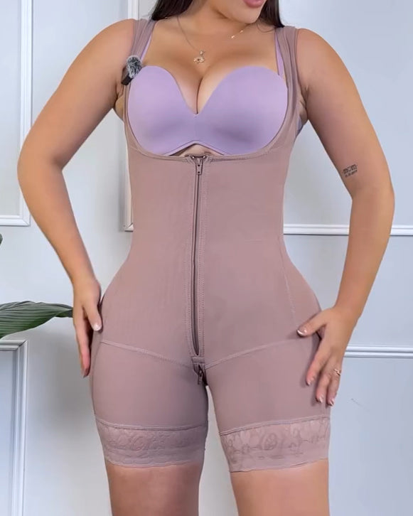 Tummy Sculpting Open Bust Front Zip Body Shaper RosyBrown
