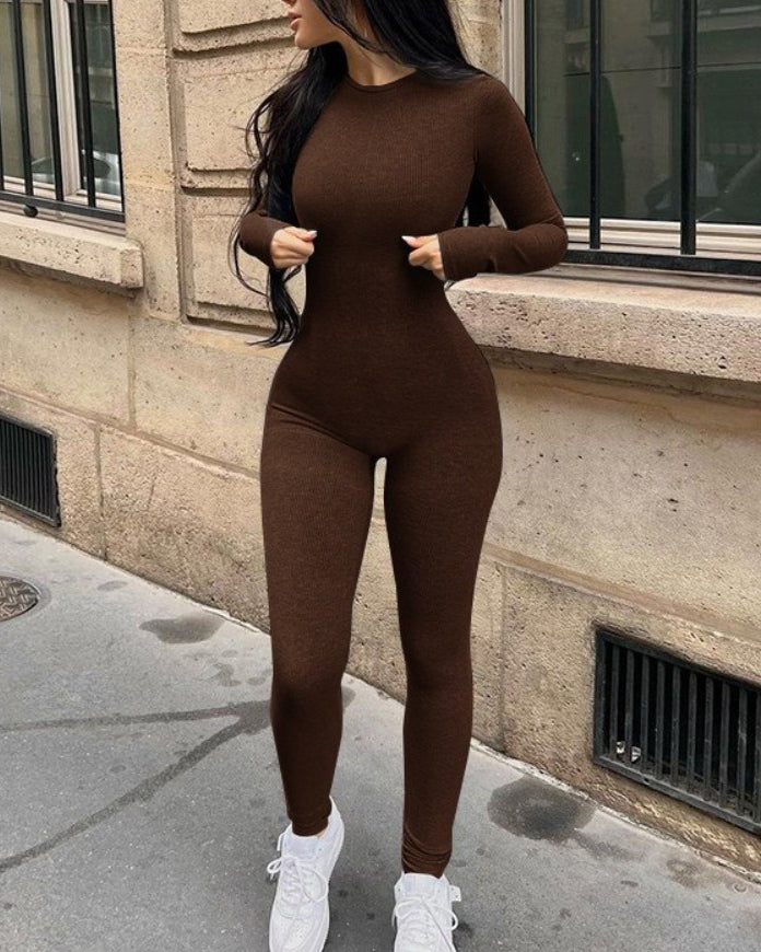 Women's Tight-Fitting Ribbed Slimming Jumpsuit Brown