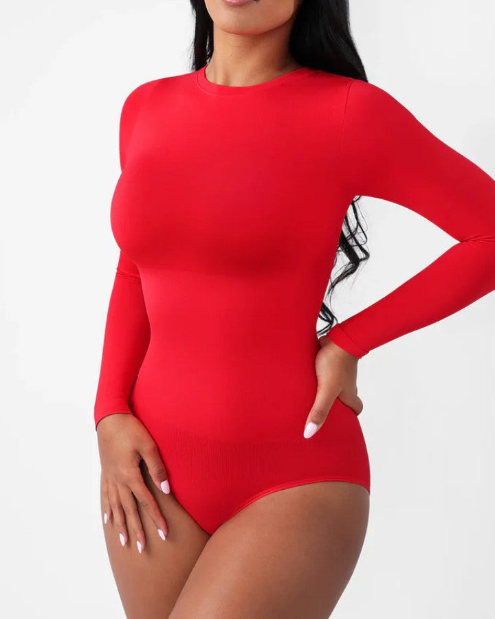 Seamless Comfort Round Neck Long-Sleeved Thong Shaper Bodysuit Red