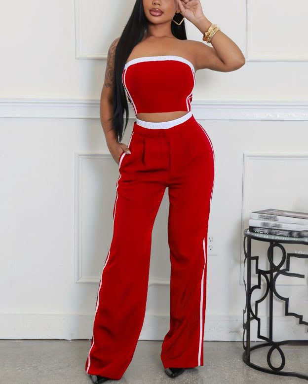 Fashion Stitching Style Tube Top Wide Leg 2 Piece Set Red