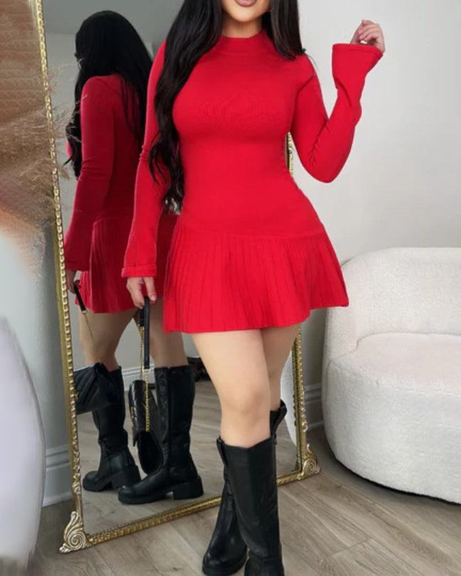 Women's Long-Sleeved Fitted Knit Dress Red
