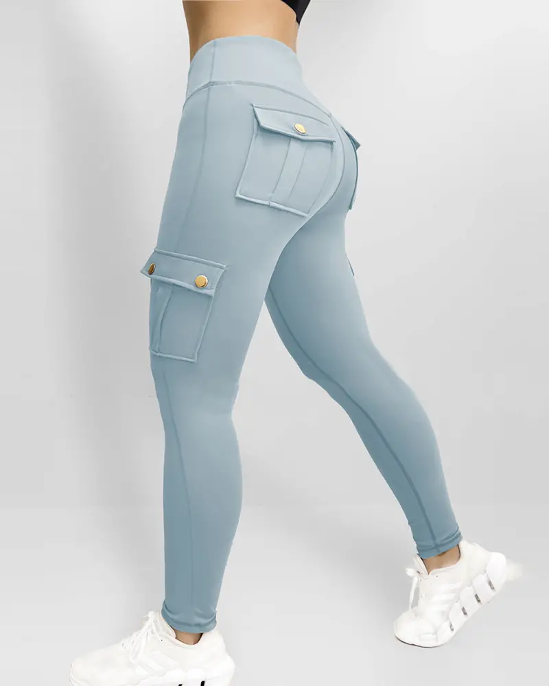 Pocket Design Butt Lifting Active Pants Lightblue