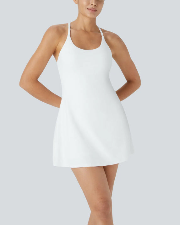 Womens Spaghetti Strap Backless Flare Workout Dress With Shorts