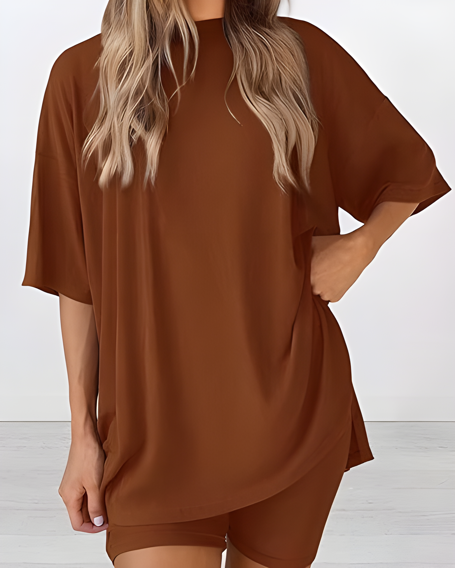 Casual Two-Piece Lounge Set Oversized Split Hem Shirt Brown