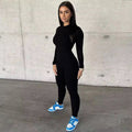 Leah Black Ribbed Fabric Long Sleeve Jumpsuit
