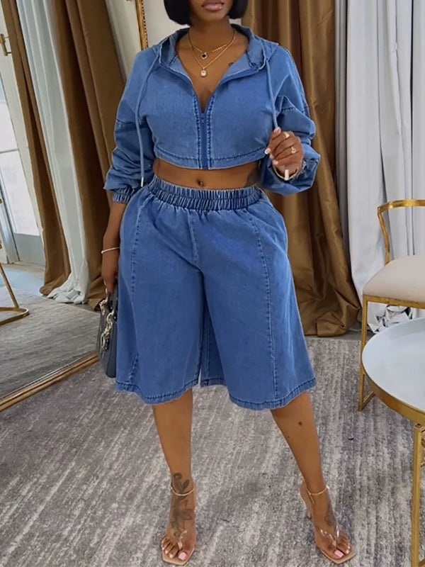 Denim Hooded Jacket & Shorts Set