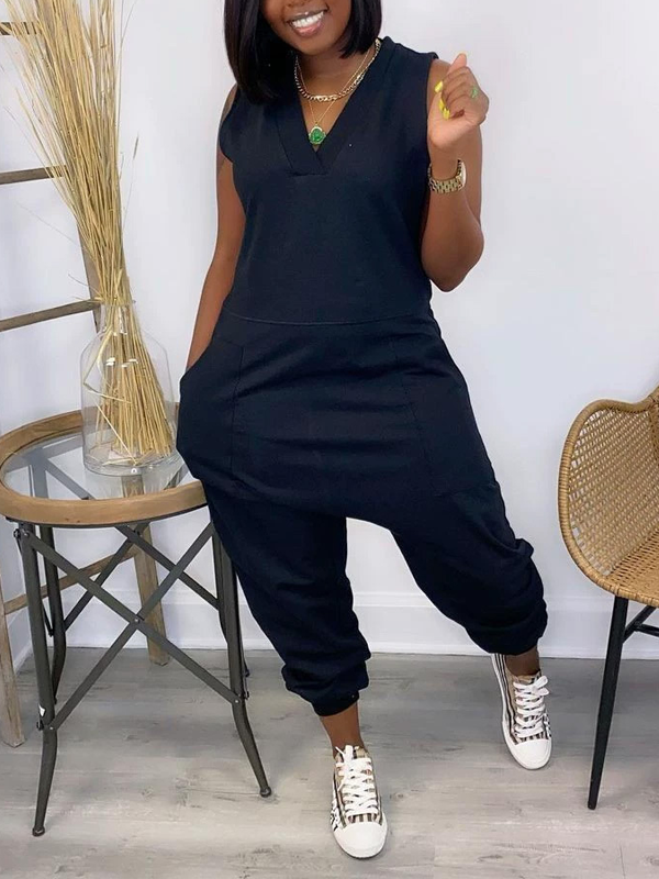 V-Neck Sleeveless Jumpsuit--Clearance Black S