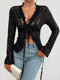 Solid Tied Lace Shirt--Clearance Black S