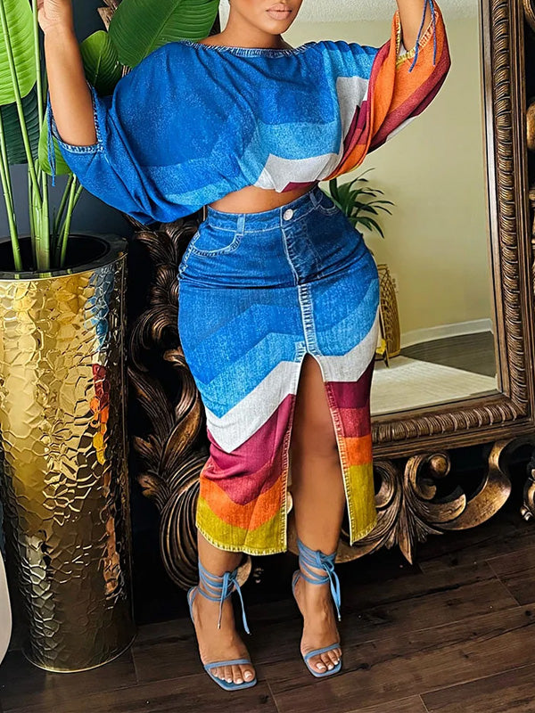 Colorblock Crop Top & Slit Skirt Set Multicolor