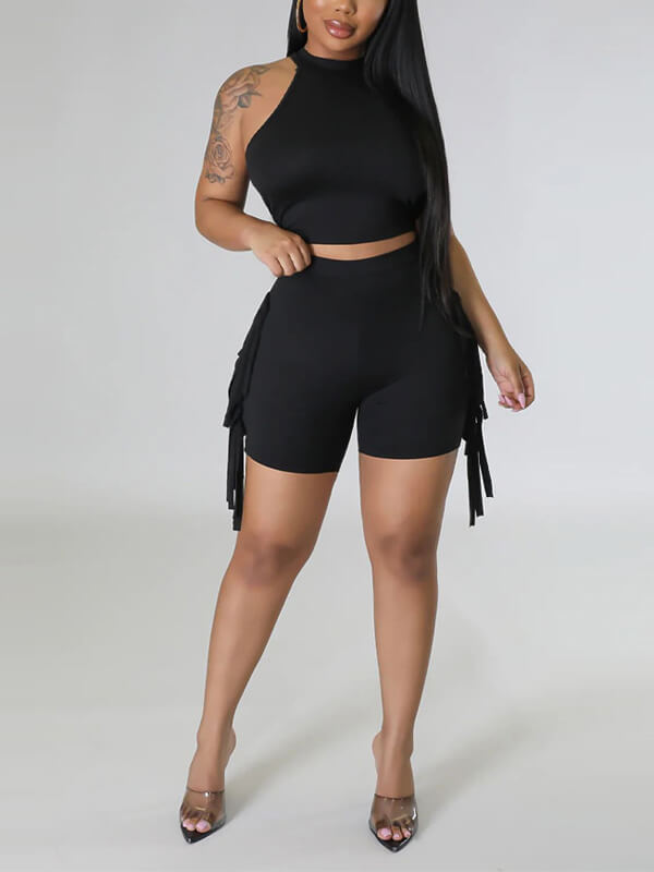 Sleeveless Top & Fringe Shorts Set--Clearance Black S