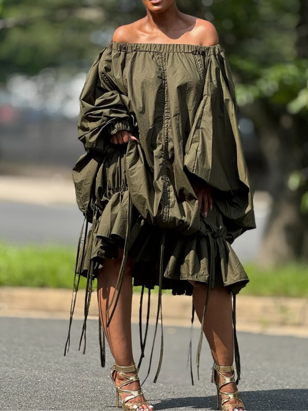 Solid Off-Shoulder Drawstring Dress--Clearance