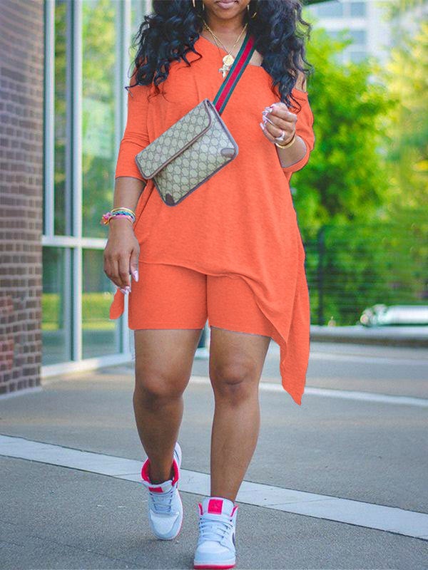 Asymmetric Top & Biker Shorts Set Orange