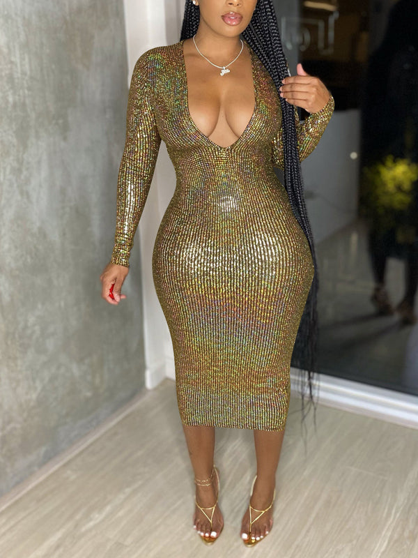 Sparkly V-Neck Dress Golden