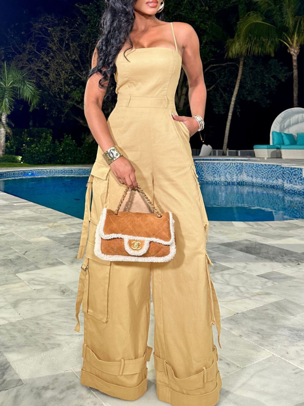 Solid Cami Cargo Jumpsuit Khaki