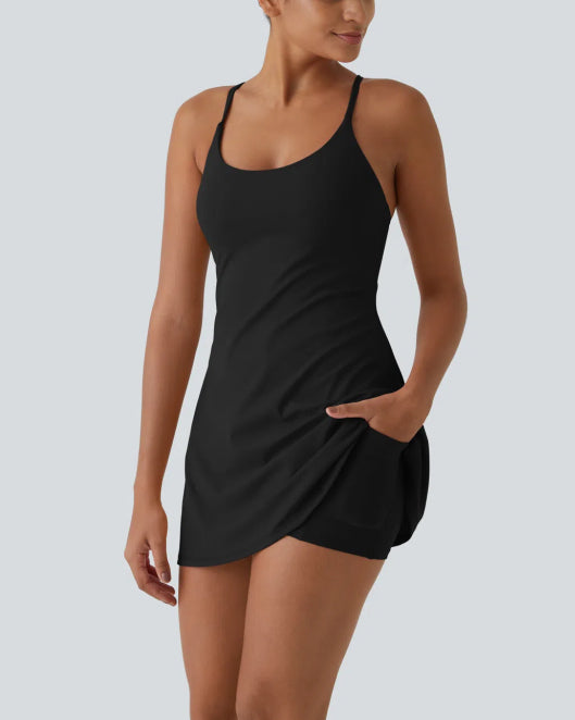 Womens Spaghetti Strap Backless Flare Workout Dress With Shorts