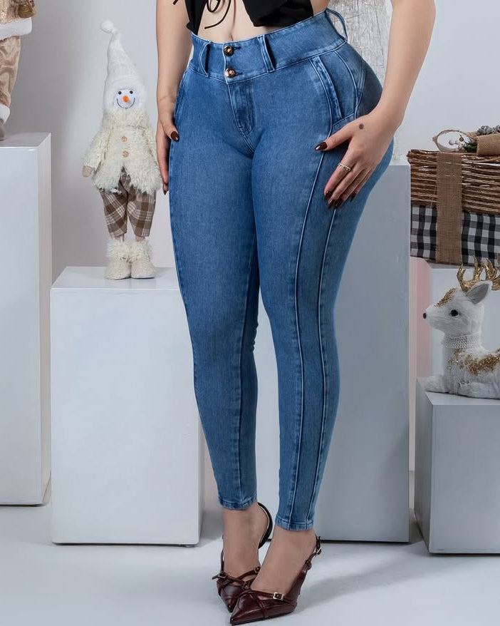 Women's Butt-Enhancing Double-Breasted Skinny Jeans Blue