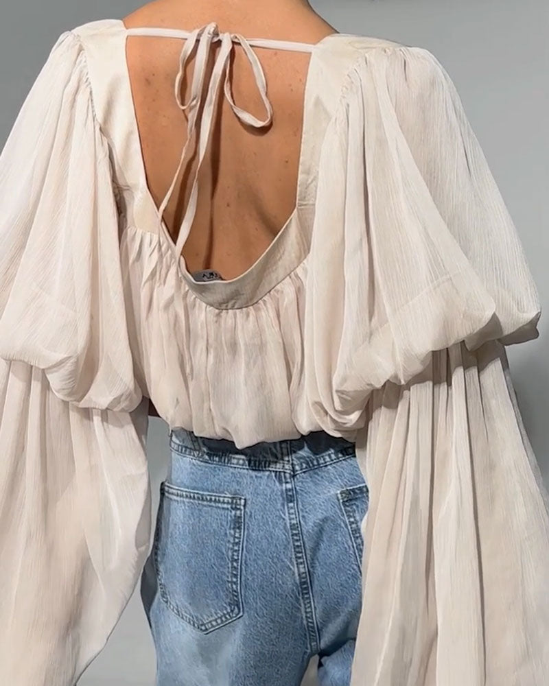 Square Neck Chiffon Ruffled Puff Sleeve Bubble Crop Top