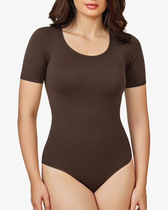 Round Neck Short Sleeve Slimming Shaping Thong Bodysuit Brown