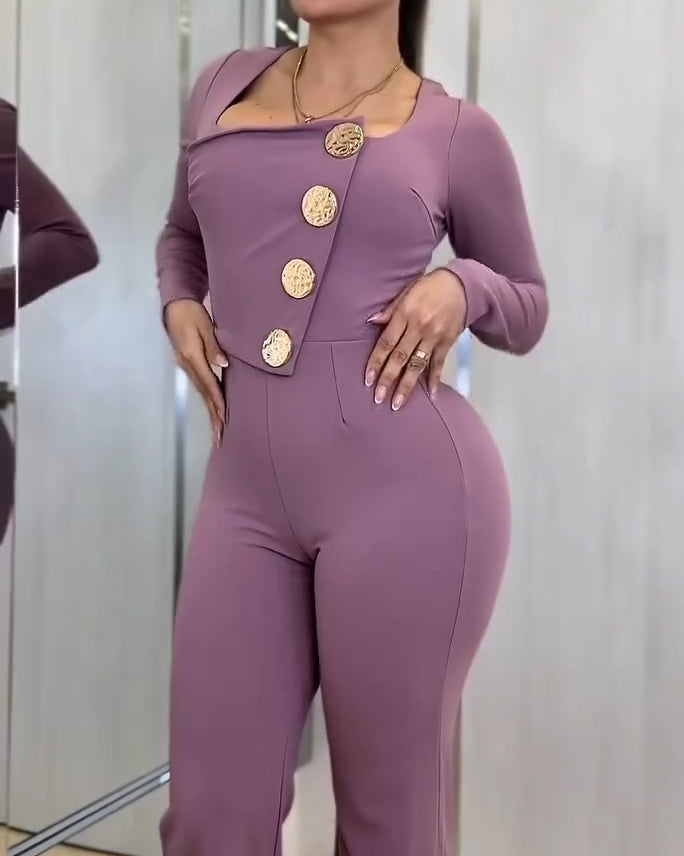 Women's Long-Sleeved Button Slim Fit Jumpsuit