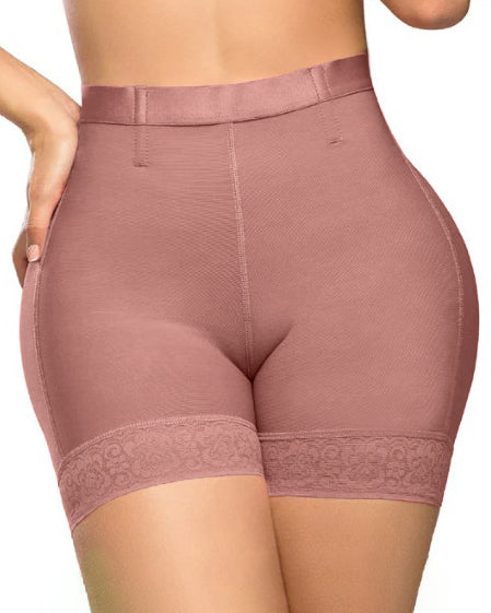 High Waist Lace Trim Butt Sculpting Short RosyBrown
